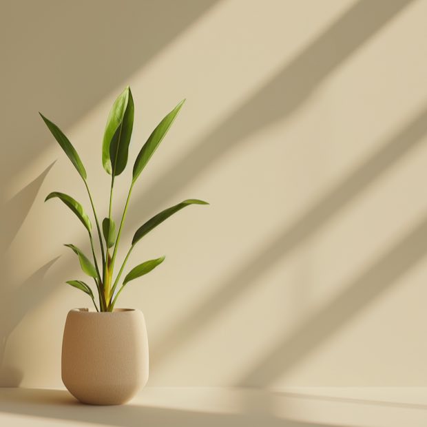 ZZ plant in a pale stone pot with afternoon shadow