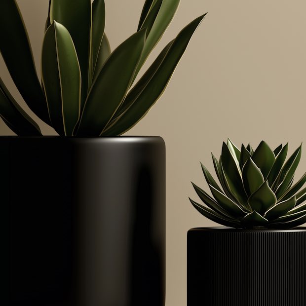 Snake plant and agave in matte black pots