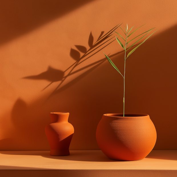 Young plant in a terracotta pot against a rust wall