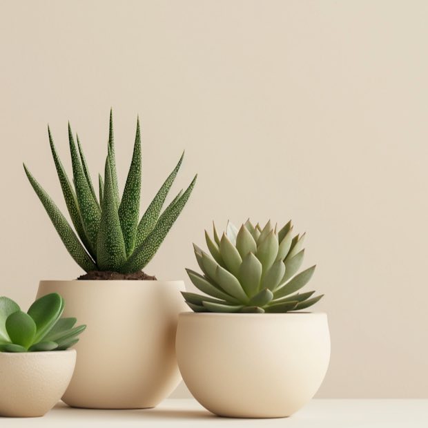 Three small succulents in graduated pale pots